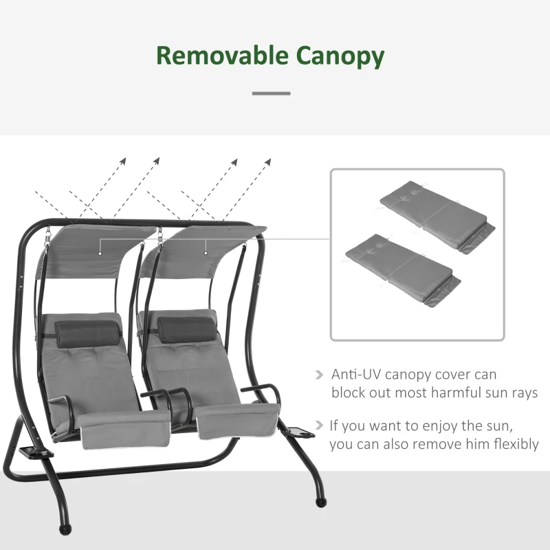 Best Canopy Swing 2 Separate Relax Chairs w/ Handrails and Removable Canopy Grey - Image 5
