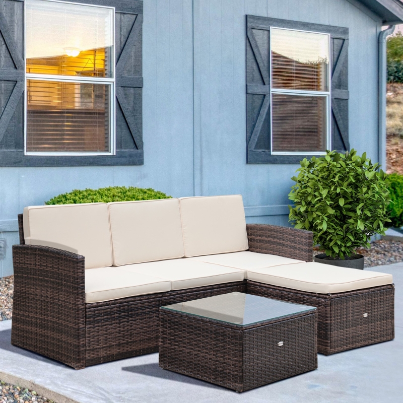 Best 3 Pieces Outdoor PE Rattan Corner Sofa Set with Thick Cushions, Patio Rattan Garden Furniture with Glass Top Coffee Table and Footstool, Brown - Image 10