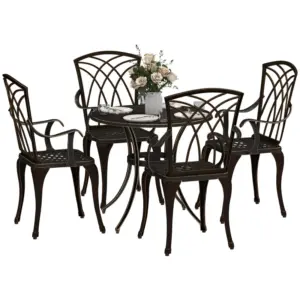 Best 5 Pieces Garden Dining Set for 4, Cast Aluminium Outdoor Dining Set with 4 Armchairs and Round Dining Table with Parasol Hole, Garden Furniture Set, Bronze Tone