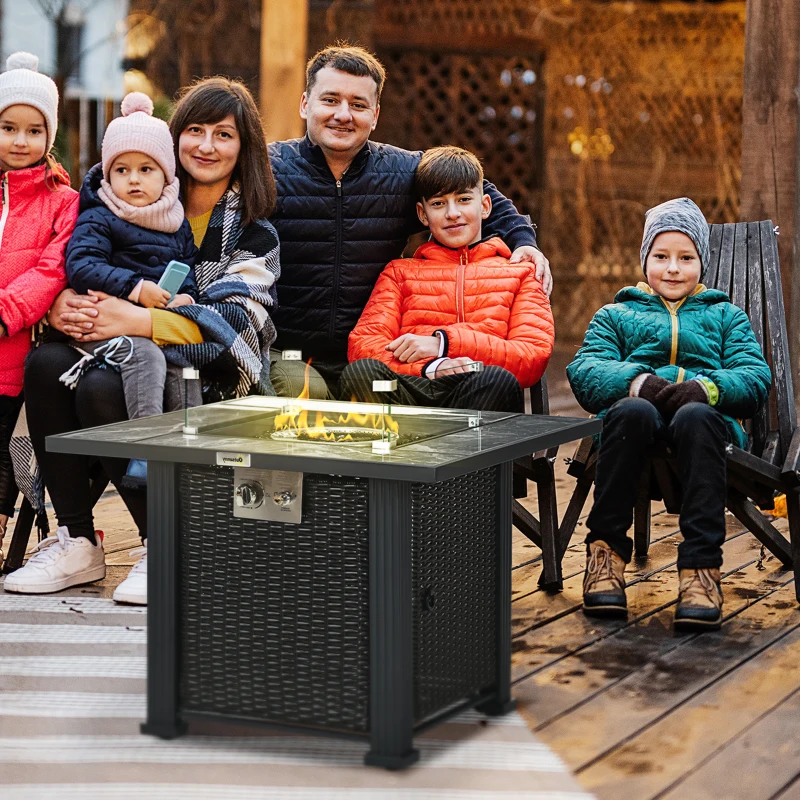 Best Outdoor PE Rattan Gas Fire Pit Table, Patio Square Propane Heater with Marble Desktop, Rain Cover, Glass Windscreen, and Glass Stones, 50,000 BTU, Black - Image 2