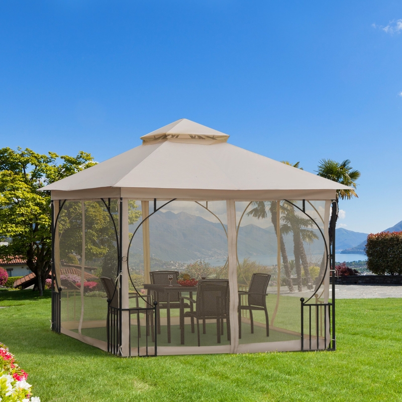 Best 3 x 3(m) Garden Gazebo Patio Party Tent Shelter Outdoor Canopy Double Tier Sun Shade Metal Frame Netting, Beige - Image 13