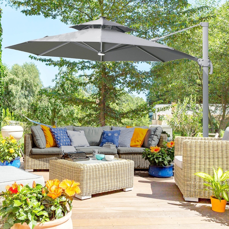 Best 3m Cantilever Parasol w/ Solar Lights Power Bank Base 360° Spin Dark Grey - Image 11