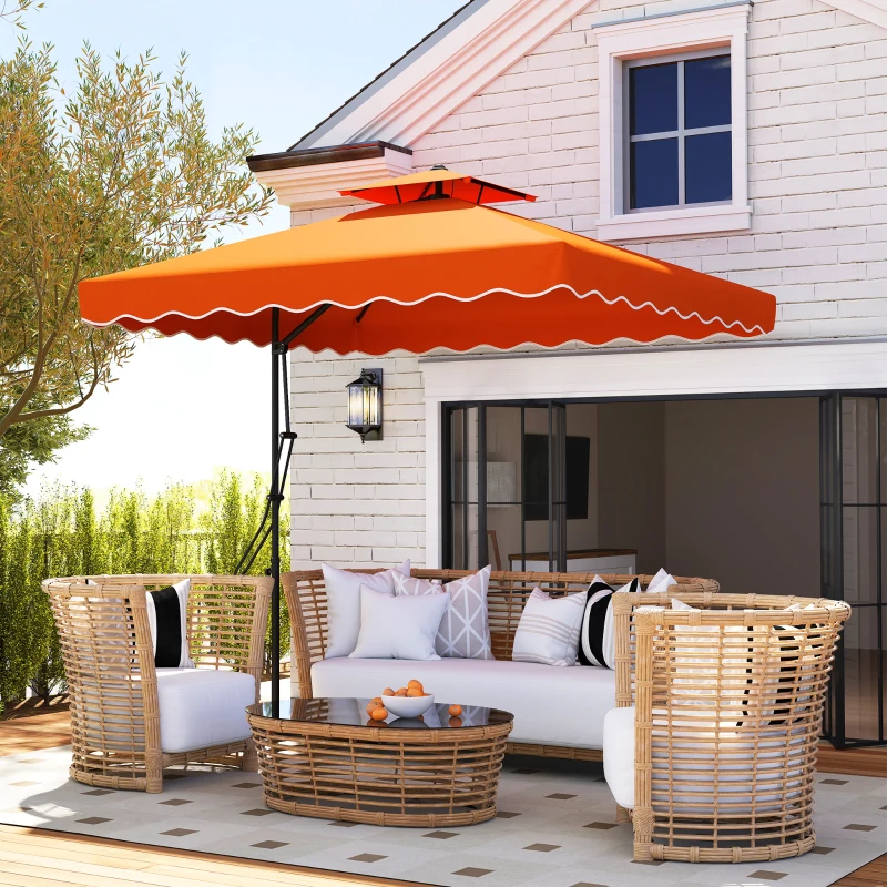 Best 2.5m Cantilever Parasol with Easy Lever, Square Double Top Garden Parasol Umbrella with Ruffles and Cross Base, Overhanging Outdoor Sun Shades, Orange - Image 2