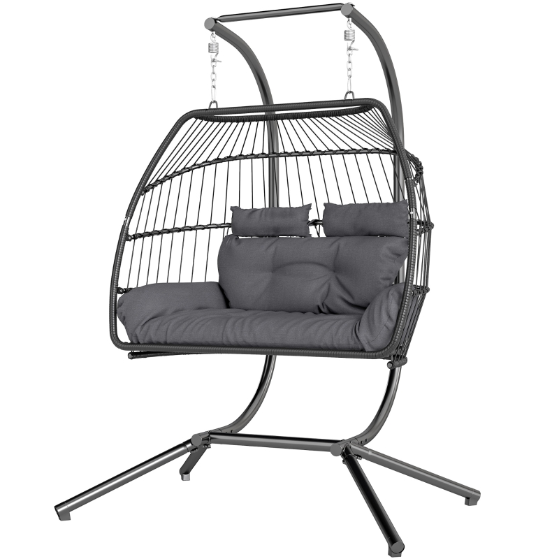 Best Rattan Double Hanging Egg Chair with Stand, Foldable Wicker Swing Egg Chair with Cushion, Head Pillows, Steel Frame, Hammock Chair for Indoor Outdoor, Capacity 260 kg, Dark Grey - Image 11