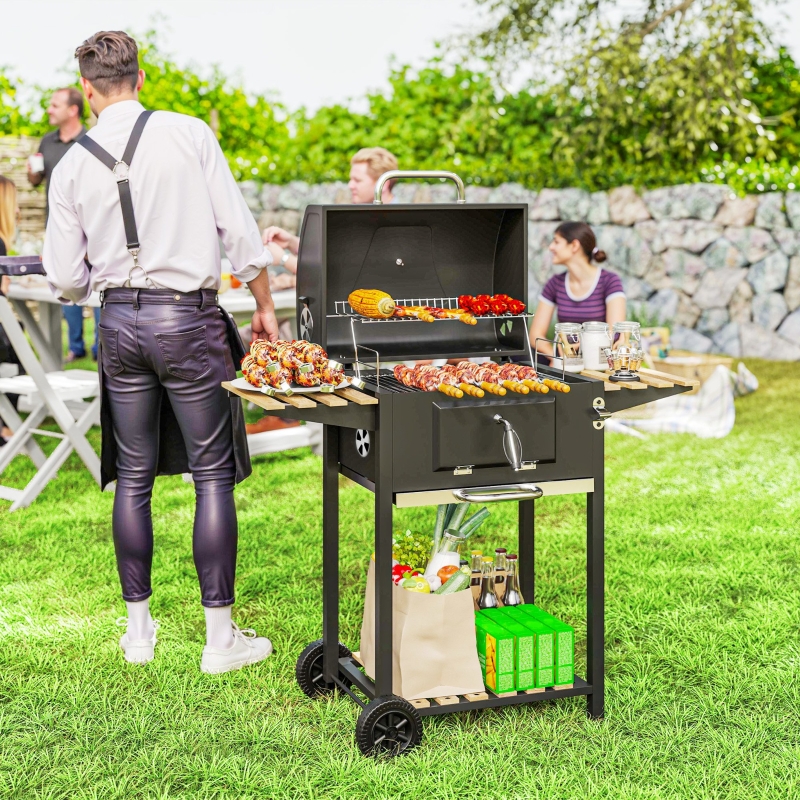 Best Charcoal BBQ Grill with Height Adjustable Charcoal Pan, Portable Barbecue Smoker with Warming Rack, 3 Shelves, Temperature Gauge, Wheels, Bottle Opener for Outdoor Cooking Garden Party - Image 10