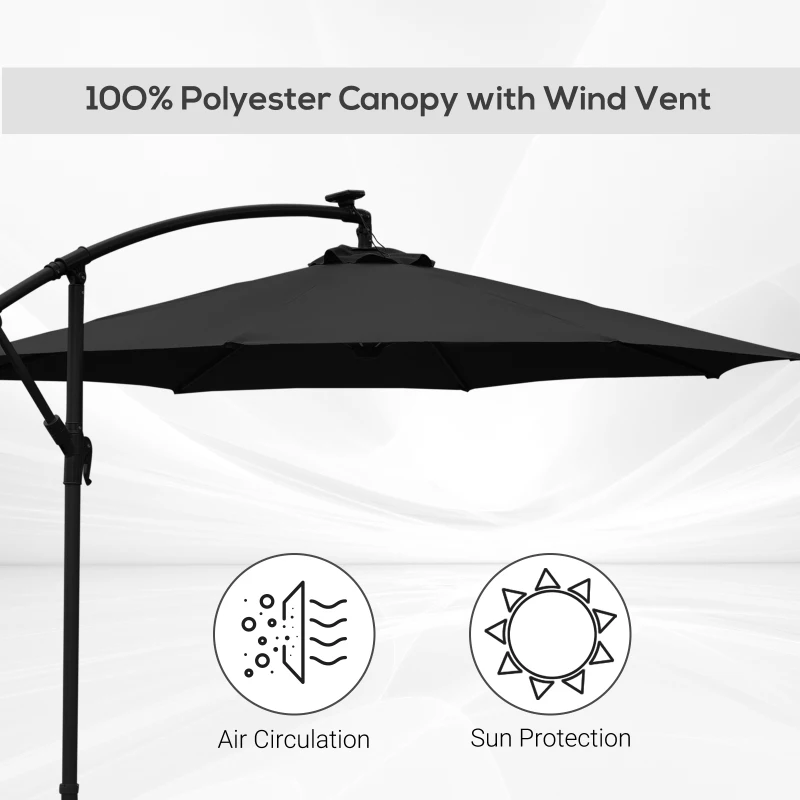 Best 3m LED Patio Banana Umbrella Cantilever Parasol w/ Crank Cross Base Hanging Offset Umbrella Frame Steel Aluminium Garden Table Outdoor Black - Image 5