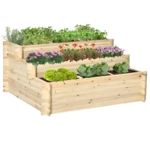 Best 117cm x 100cm x 54cm 3 Tier Raised Garden Bed 376L Fir Wood Elevated Planter Flower Box with 9 Grow Grids and Non-woven Fabric for Vegetables, Flower, Herb Outdoor Indoor Use