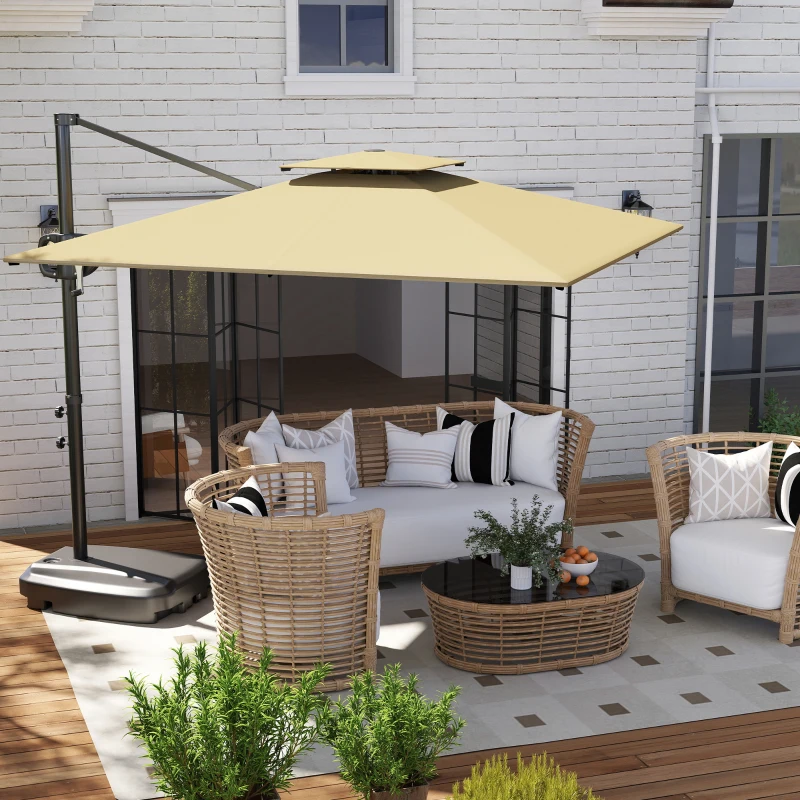 Best Cantilever Parasol with Weighted Base Double Top Garden Parasol Square Hanging Patio Umbrella with Crank Tilt Khaki - Image 2