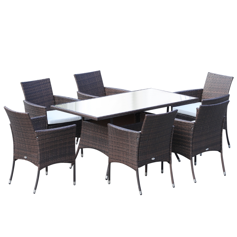 Best 6 Seater Rattan Dining Set with Cushions, Rattan Garden Furniture Set with 6 Armchairs, Rectangular Glass Top Table, Outdoor Dining Table and Chairs, Brown - Image 16