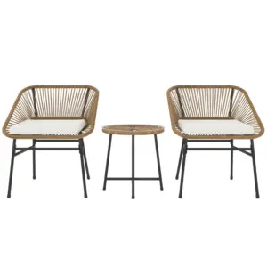 Best 3 Pieces Rattan Bistro Set, Wicker Small Garden Table and Chairs Set with Cushions and Glass Top Coffee Table, Bistro Garden Furniture Set for Outdoor, Patio, Balcony, Natural