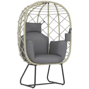 Best Rattan Egg Chair Outdoor Indoor Wicker Chair with Thickened Cushion and Headrest, Standing Garden Egg Chair with Cup Holder, Metal Frame for Patio, Balcony, Grey