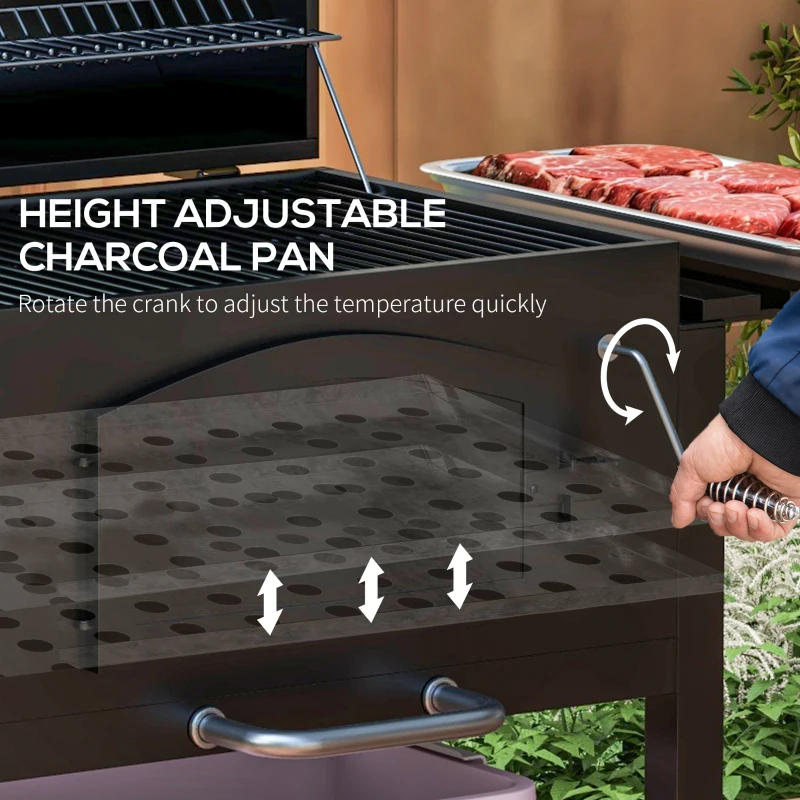 Best Charcoal Barbecue Grill Trolley Garden Smoker with Shelves, Adjustable Height, Thermometer on Lid, Opener and Wheels - Image 7