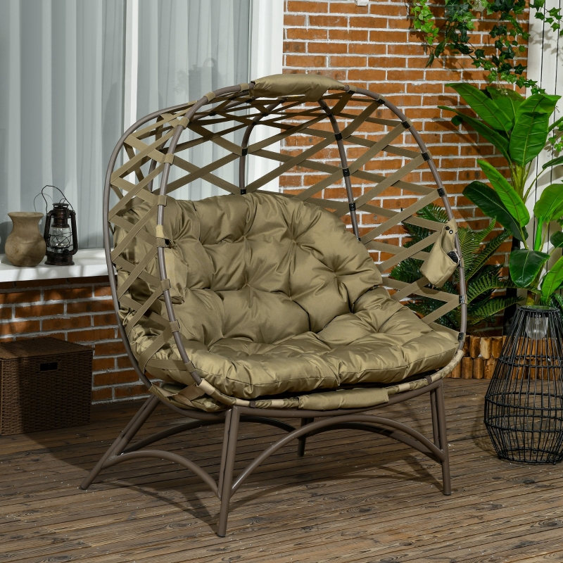 Best 2 Seater Egg Chair Outdoor, Folding Weave Garden Furniture Chair with Cushion, Cup Pockets - Khaki - Image 10