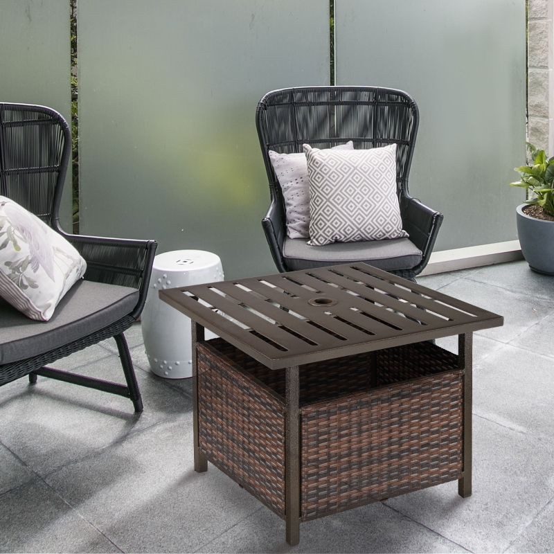 Best Rattan Garden Coffee Table, 55.5 cm Square Wicker Patio Side Coffee Table with 4 cm Umbrella Hole, Metal Bottom and Slatted Top for Outdoor, Balcony, Brown - Image 10