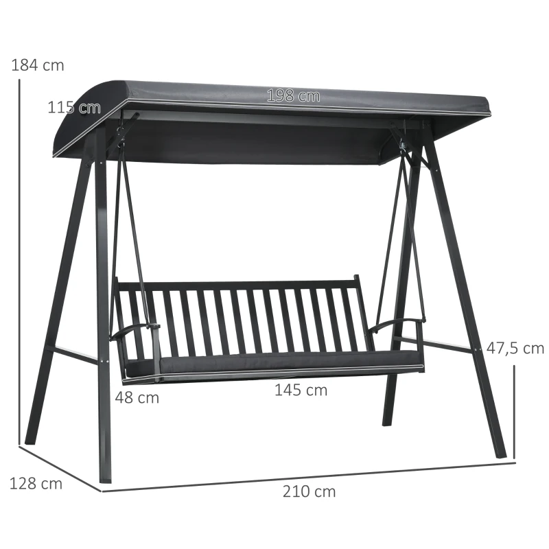 Best 3-Seat Garden Swing Chair, Outdoor Canopy Swing with Removable Cushion, Adjustable Shade, and Slatted Bench, for Porch, Poolside, Backyard, Dark Grey - Image 3