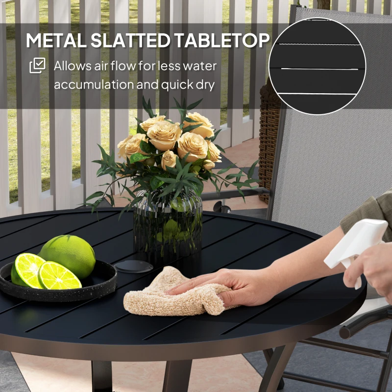 Best 90 cm Garden Dining Table with 4-5 cm Parasol Hole, Round Outdoor Dining Table, Steel Garden Table with Slatted Metal Top and Wire Shelf for Balcony, Porch, Black - Image 6