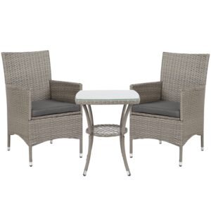 Best 3 Pieces Rattan Bistro Set, Wicker Garden Furniture Set with 2-Tier Coffee Table and Chairs, Washable Cushions, for Outdoor Patio Balcony, Grey