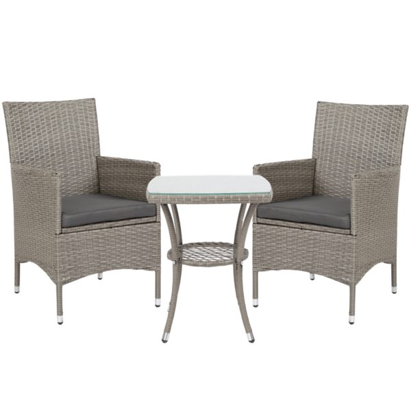 Best 3 Pieces Rattan Bistro Set, Wicker Garden Furniture Set with 2-Tier Coffee Table and Chairs, Washable Cushions, for Outdoor Patio Balcony, Grey