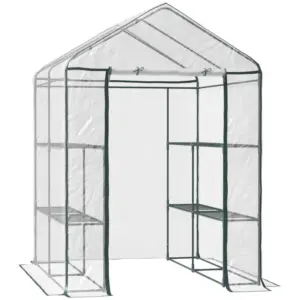 Best Walk in Greenhouse with 3-Tier 8 Shelves, Green House with Hemmed Cover, Roll-up Zipped Door, Steel Frame, 143 x 143 x 195cm