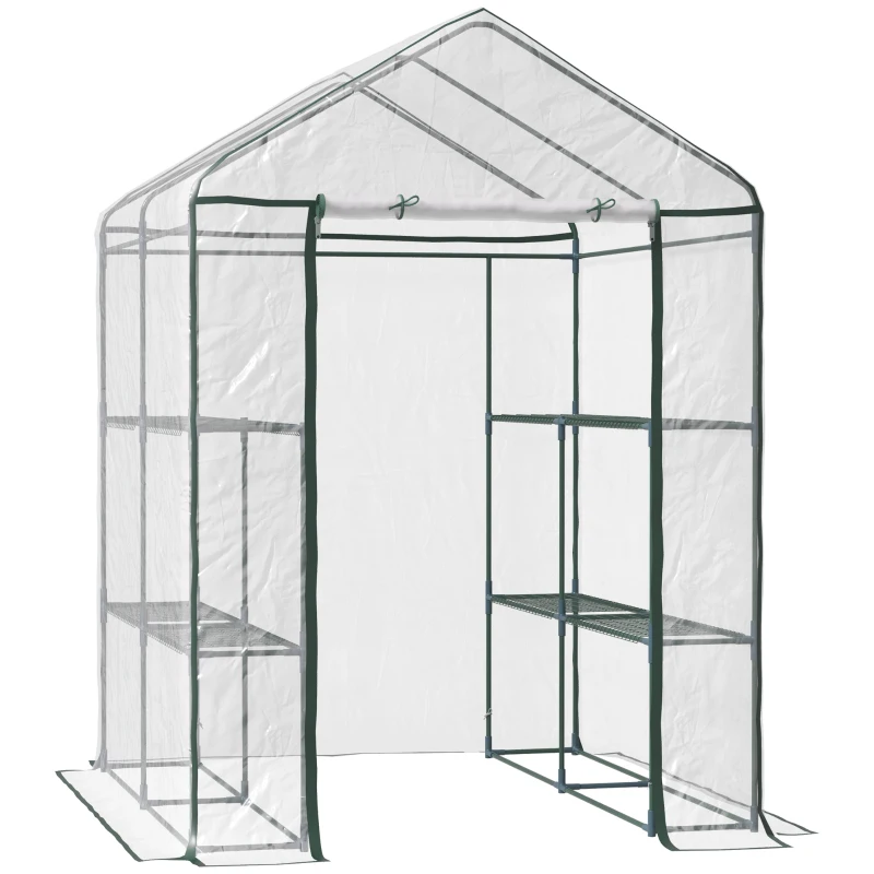 Best Walk in Greenhouse with 3-Tier 8 Shelves, Green House with Hemmed Cover, Roll-up Zipped Door, Steel Frame, 143 x 143 x 195cm