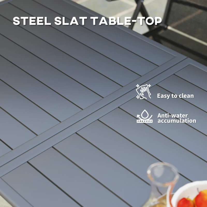 Best Rectangle Garden Table with Slat Top, Steel Frame, Outdoor Table for 6 Person, 150 x 80 x 74 cm, Grey - Image 5