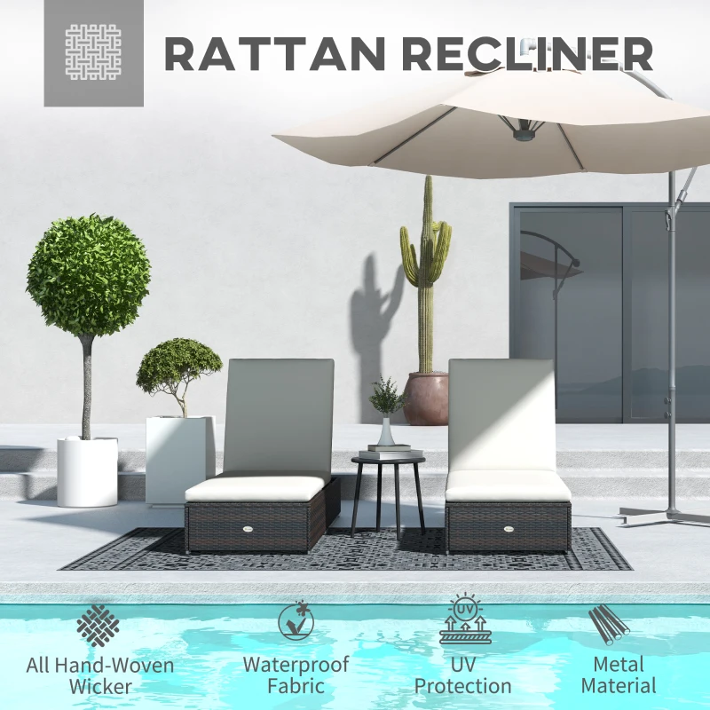 Best Set of Two Rattan Sun Loungers, with Reclining Backs - Brown/Cream - Image 4