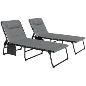 Best Folding Sun Loungers Set of 2, Recliner Garden Chairs with Quick Drying Pad Headrest Side Pocket, Garden Sun Loungers for Beach Pool, Charcoal Grey