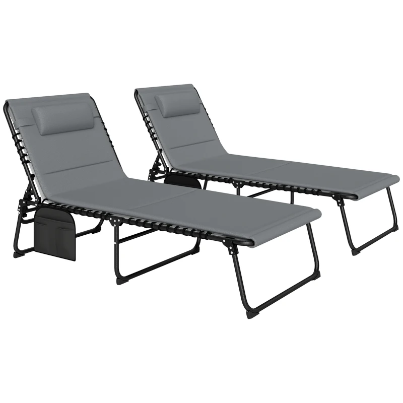 Best Folding Sun Loungers Set of 2, Recliner Garden Chairs with Quick Drying Pad Headrest Side Pocket, Garden Sun Loungers for Beach Pool, Charcoal Grey