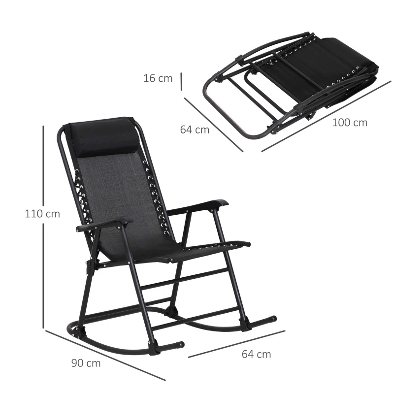 Best Garden Rocking Chair Folding Outdoor Adjustable Rocker Zero-Gravity Seat with Headrest Camping Fishing Patio Deck, 90 x 64 x 110 cm - Black - Image 3