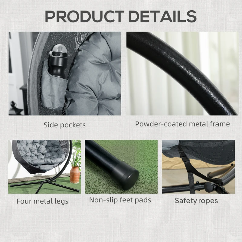 Best Round Egg Basket Chair, with Steel Stand, Charcoal Grey - Image 7