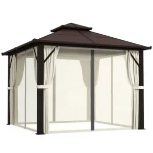 Best 3 x 3(m) Hardtop Gazebo Canopy with UPF30+ Double Polycarbonate Roof, Aluminium Frame Garden Gazebo Permanent Pavilion with Mosquito Netting and Curtains for Patio, Deck, Beige