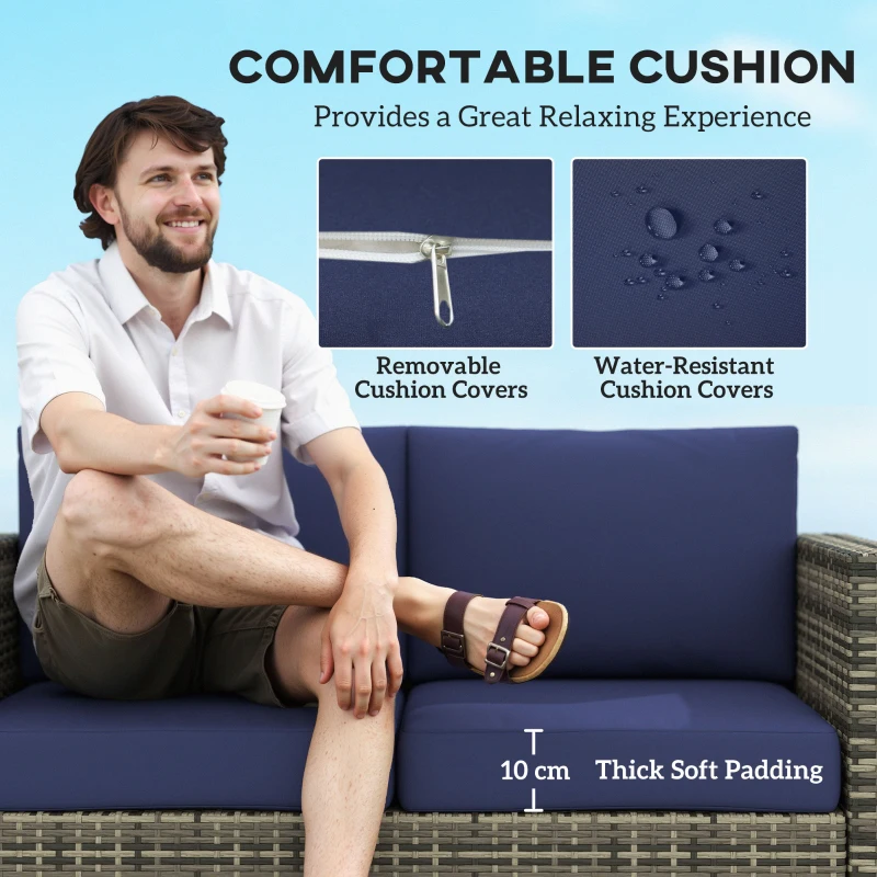 Best Rattan Sofa, 2 Seater Garden Furniture with Soft Padded Cushion and Armrests, Wicker Garden Loveseat for Patio, Navy Blue - Image 5