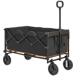 Best 160L Festival Trolley on Wheels, Folding Camping Trolley Cart w/ Tailgate, 100kg Heavy Duty Garden Collapsible Folding Wagon w/Adjustable Handle, Carry Bag for Beach Picnic, Black and Orange