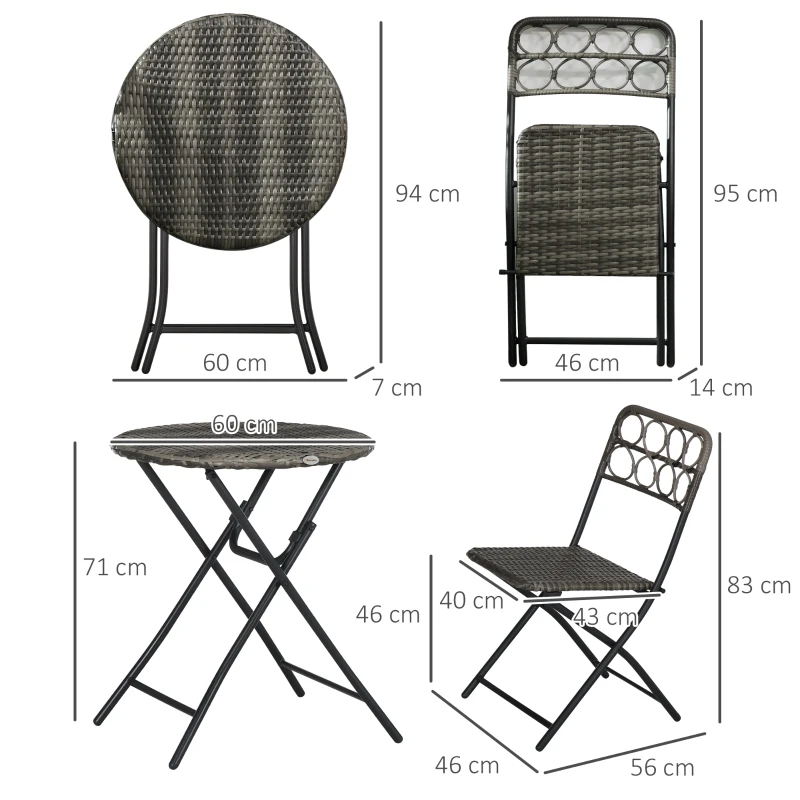 Best 3 Pieces Rattan Bistro Set, Wicker Folding Garden Furniture Set with Coffee Table and Chairs for Outdoor, Patio, Balcony, Grey - Image 3