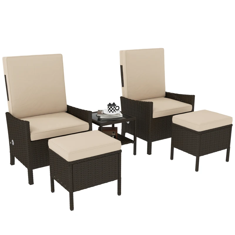 Best 5 Piece Rattan Garden Furniture Set, Wicker Patio Sofa Set with 2 Armchairs, 2 Footstools, Glass Top Coffee Table with Shelf, Outdoor Furniture with Adjustable Backrests, Cushions, Khaki