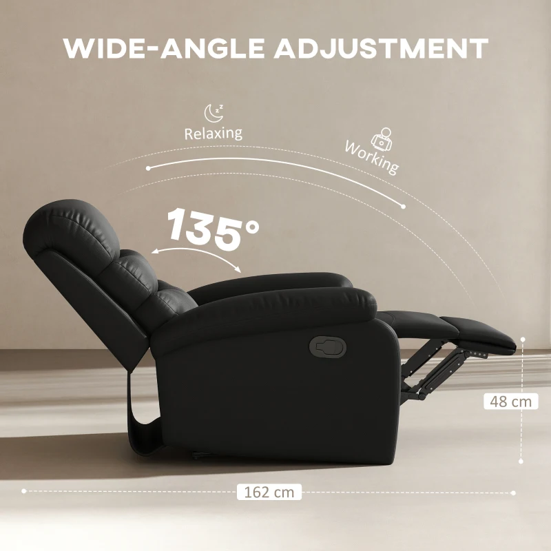Best PU Leather Reclining Chair, Manual Recliner Chair with Padded Armrests, Retractable Footrest and Wood Frame, Black - Image 4