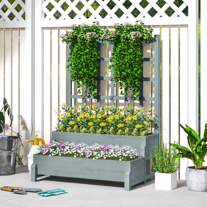 Best 2-Tier Raised Garden Bed with Trellis, Wooden Elevated Planter Box with Drainage Holes, Outdoor Raised Planter for Climbing Plants, Fruits, Vegetables, Flowers, Grey - Image 10