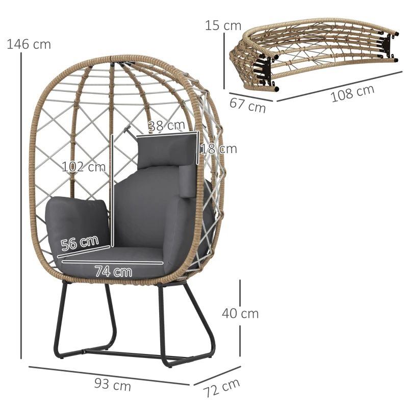Best Rattan Egg Chair Outdoor Indoor Wicker Chair with Thickened Cushion and Headrest, Standing Garden Egg Chair with Cup Holder, Metal Frame for Patio, Balcony, Brown - Image 3