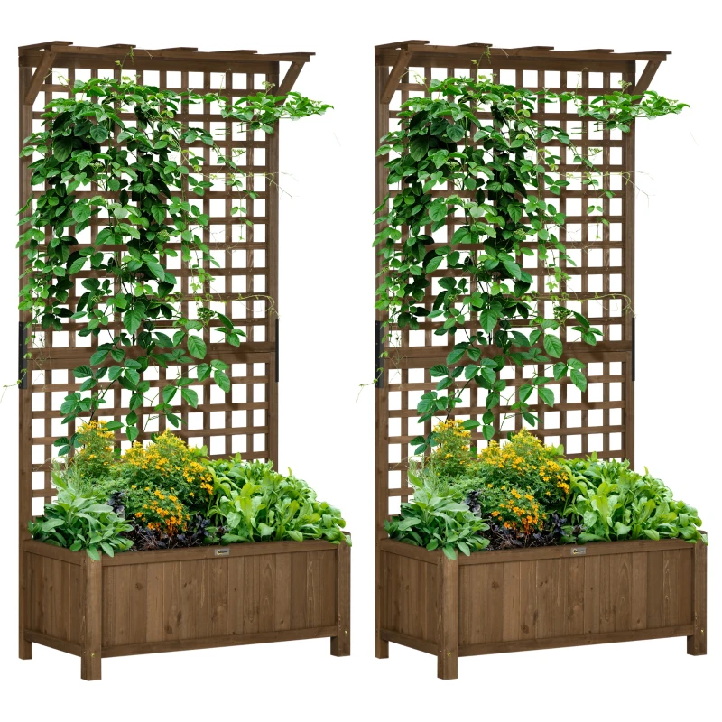 Best 2 Pcs Raised Bed with Drainage Holes, Wood Planter with Trellis for Climbing Plants to Grow Vegetables, Flowers, Brown