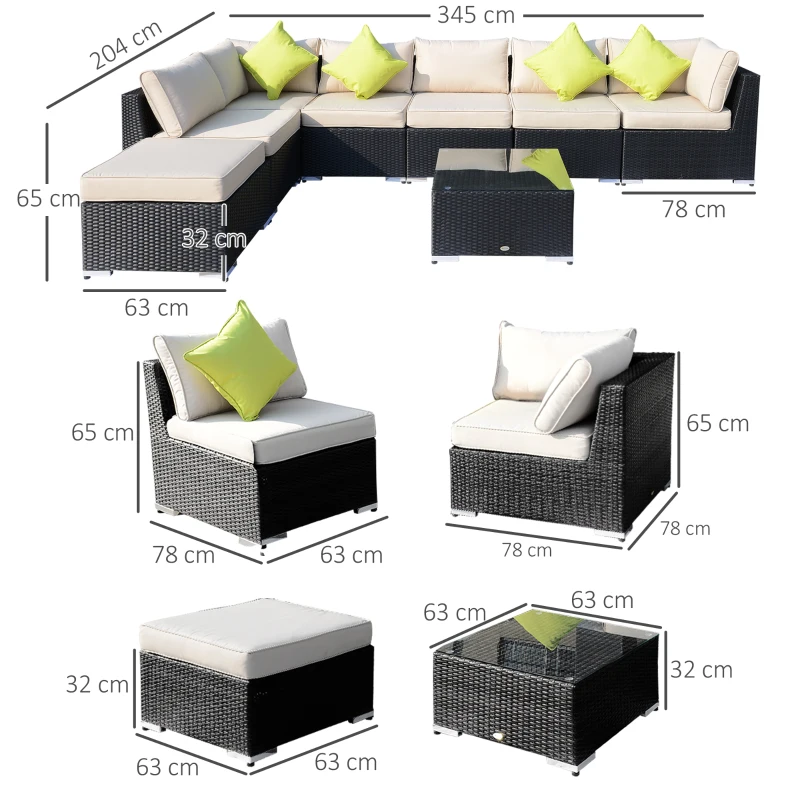 Best 8 Pieces PE Rattan Corner Sofa Set with Thick Cushions, Aluminium Outdoor Rattan Garden Furniture Set with Glass Top Table, No Assembly Required, Black - Image 3