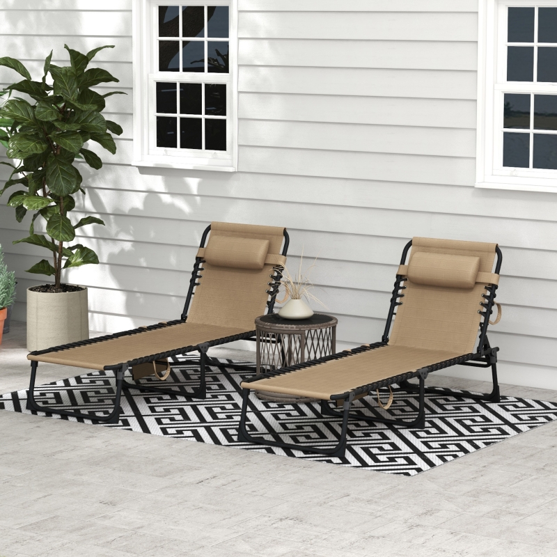 Best Portable Sun Lounger Set of 2, Folding Camping Bed Cot, Reclining Lounge Chair 5-position Adjustable Backrest with Side Pocket, Pillow for Patio Garden Beach Pool, Beige - Image 10