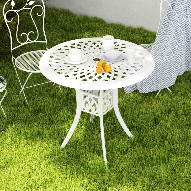 Best 78 cm Round Garden Dining Table with Parasol Hole Antique Cast Aluminium Outdoor Table Only, White - Image 8