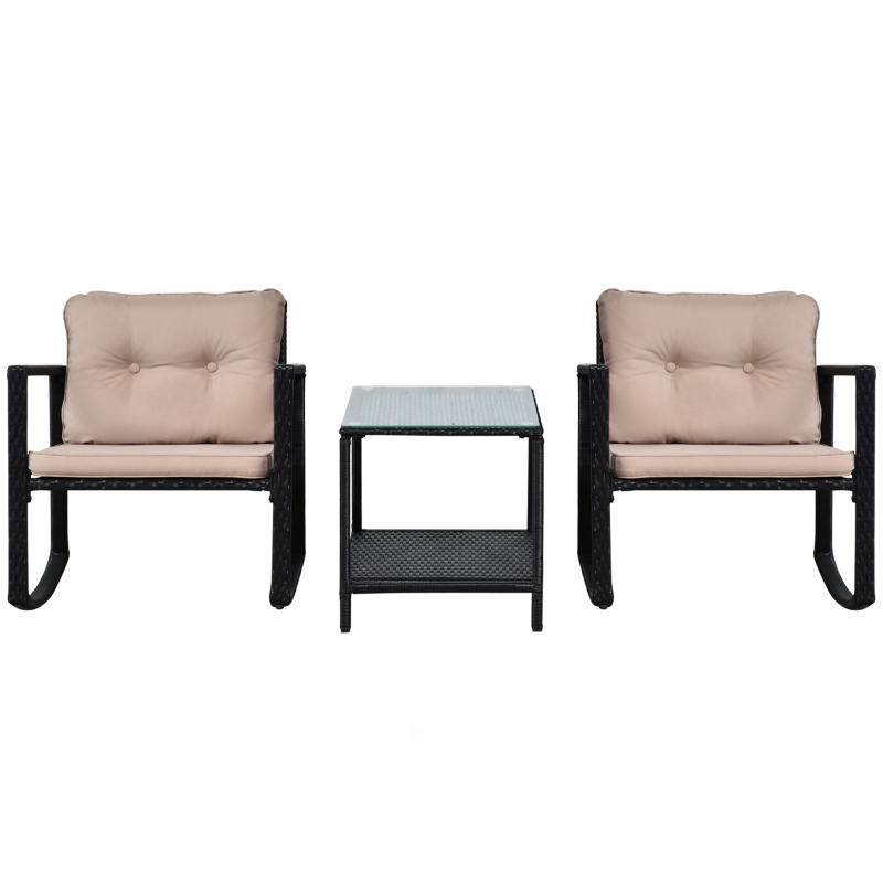 Best 3 Pieces Rattan Garden Rocking Chair Set, Outdoor Rocking Bistro Set w/ 2 Cushioned Armchair and Glass Top Two-tier Coffee Table, Black - Image 11