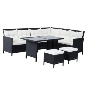 Best 8-Seater Garden Rattan Furniture Rattan Corner Dining Sofa Set Wicker Conservatory Furniture Lawn Patio Coffee Table Foot Stool w/Cushion-Black