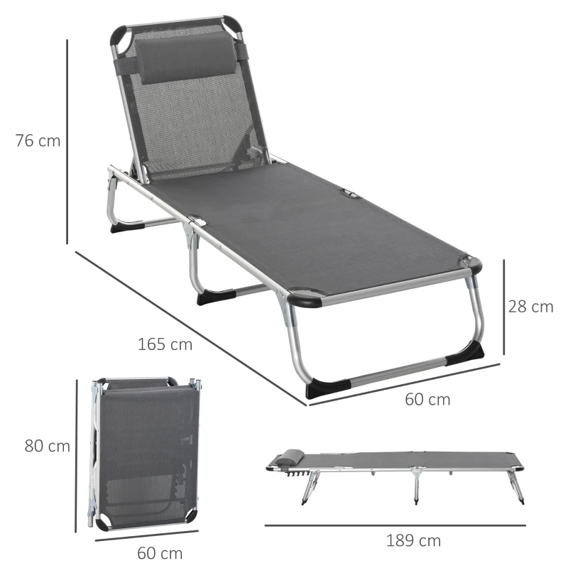 Best Foldable Outdoor Sun Lounger, Reclining Lounge Chair Camping Bed Cot with Pillow 4-Level Adjustable Back Aluminium Frame, Dark Grey - Image 3