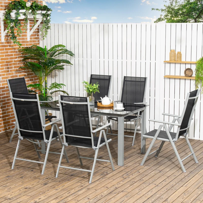 Best 7 Piece Garden Dining Set, Outdoor Table and 6 Folding and Reclining Chairs, Aluminium Frame, Tempered Glass Top Table, Texteline Seats, Black - Image 2