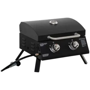 Best 2 Burner Gas BBQ Grill Outdoor Portable Folding Tabletop Barbecue w/ Lid, Thermometer, Carbon Steel, Black