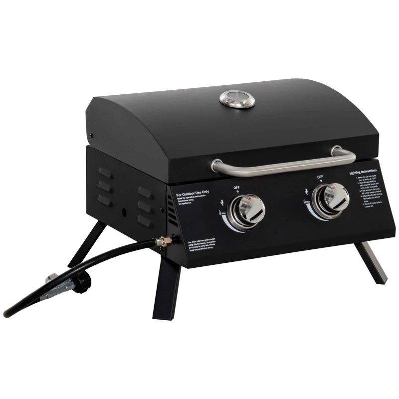 Best 2 Burner Gas BBQ Grill Outdoor Portable Folding Tabletop Barbecue w/ Lid, Thermometer, Carbon Steel, Black