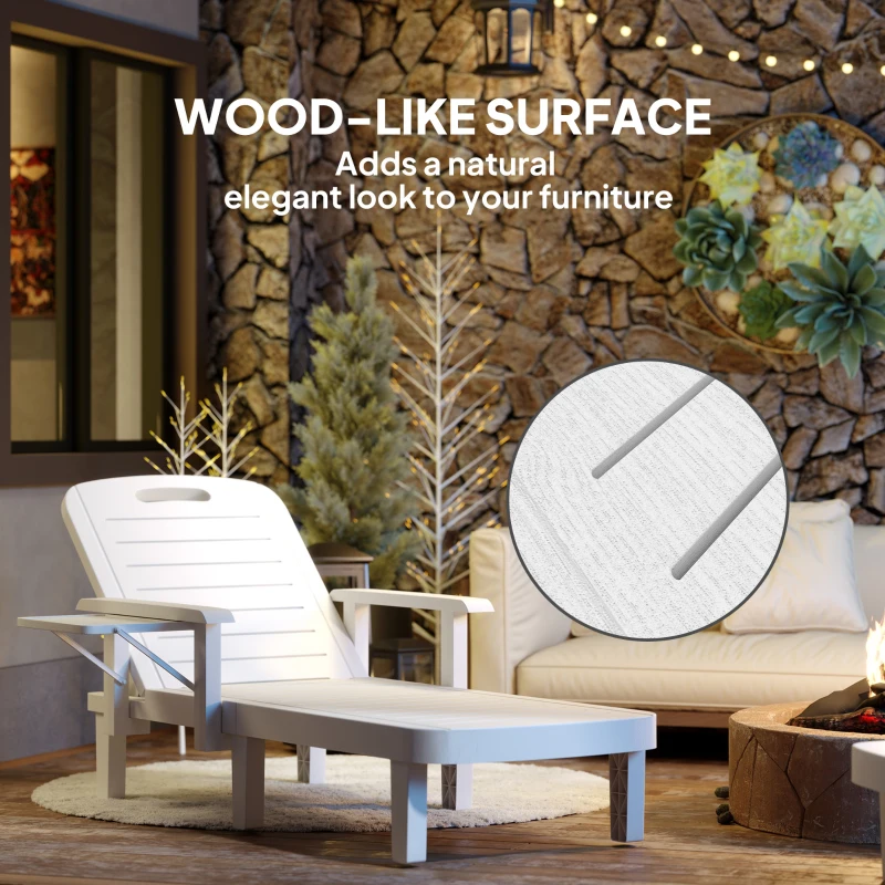 Best Set of 2 Resin Reclining Sun Loungers for Garden, 5 Positions Adjustable Outdoor Chaise Lounge Chairs with Wood Texture Surface, Armrests, Foldable Side Table for Garden, Beach, White - Image 7