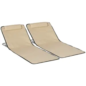 Best Set of 2 Foldable Garden Beach Chair Mat Lightweight Outdoor Sun Lounger Seats Adjustable Back Metal Frame PE Fabric Head Pillow w/ Carry Bag, Beige
